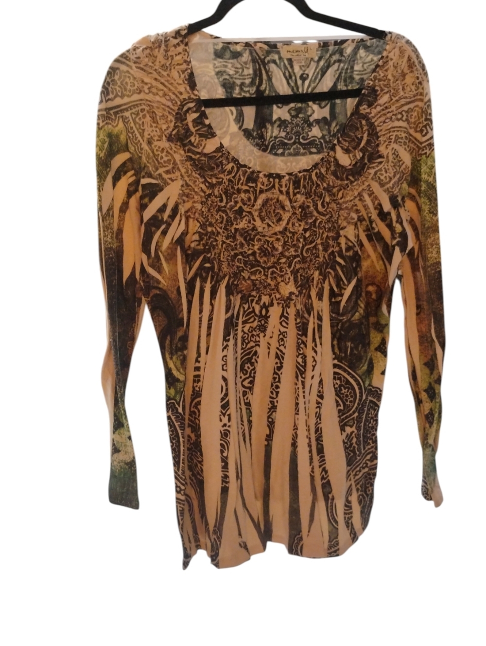 One World Women’s Long Sleeve Printed Top - Beige Green Pattern SZ L
